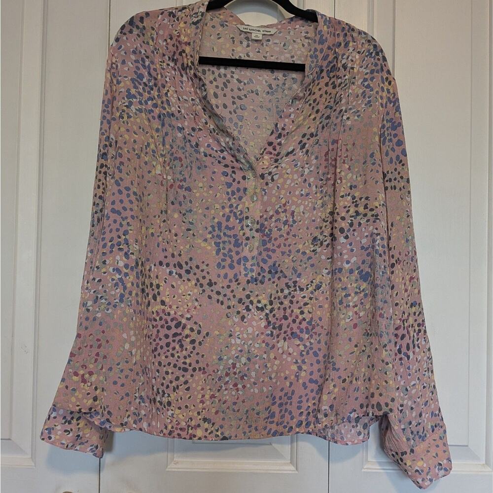 Zac & Rachel Plus Size 2X Pink Abstract Confetti Print Split Neck Blouse Top